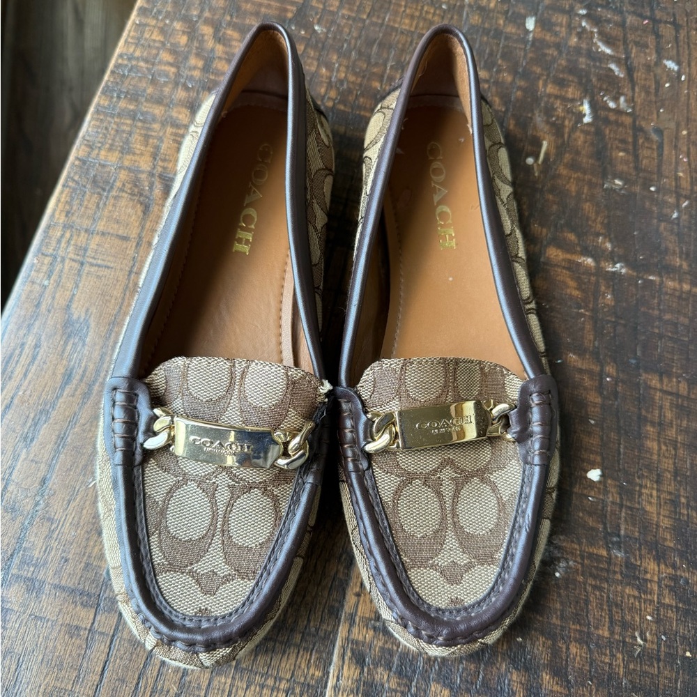 Coach Brown Signature Canvas Loafers with Gold-Tone Hardware size 7